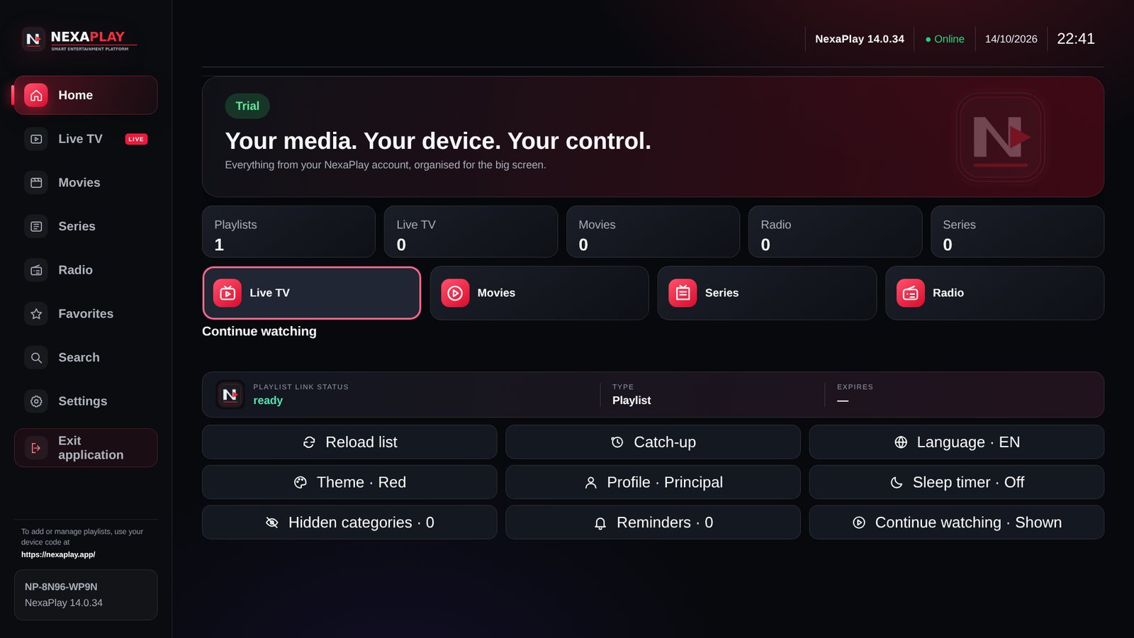 NexaPlay home screen on Samsung TV